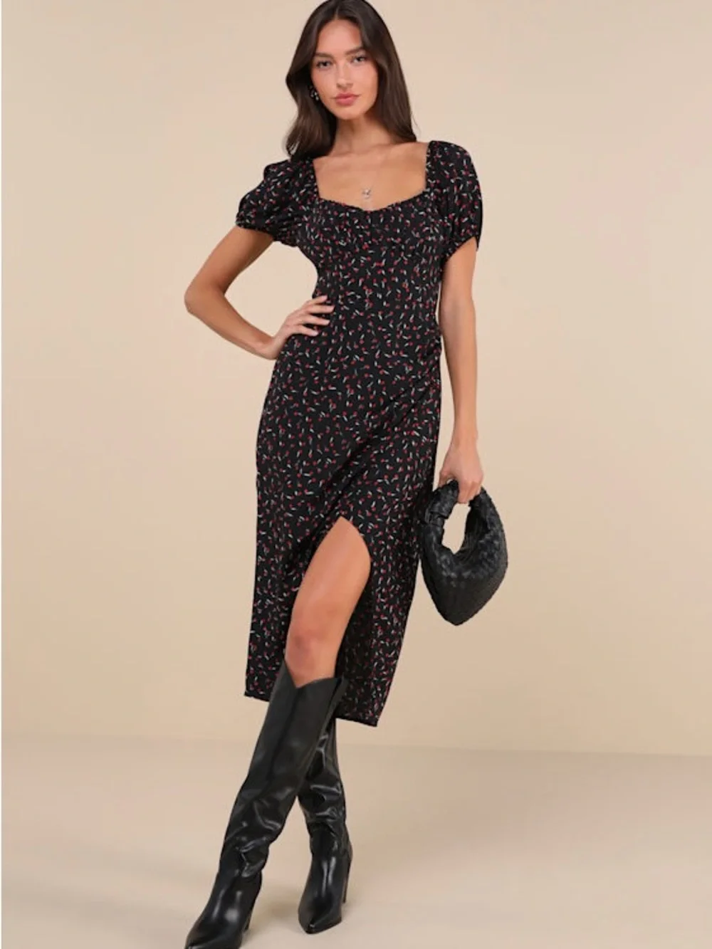 Lulus Compelling Flirt Black Floral Lace-Up Puff Sleeve Midi Dress Size S NWT - Picture 1 of 11